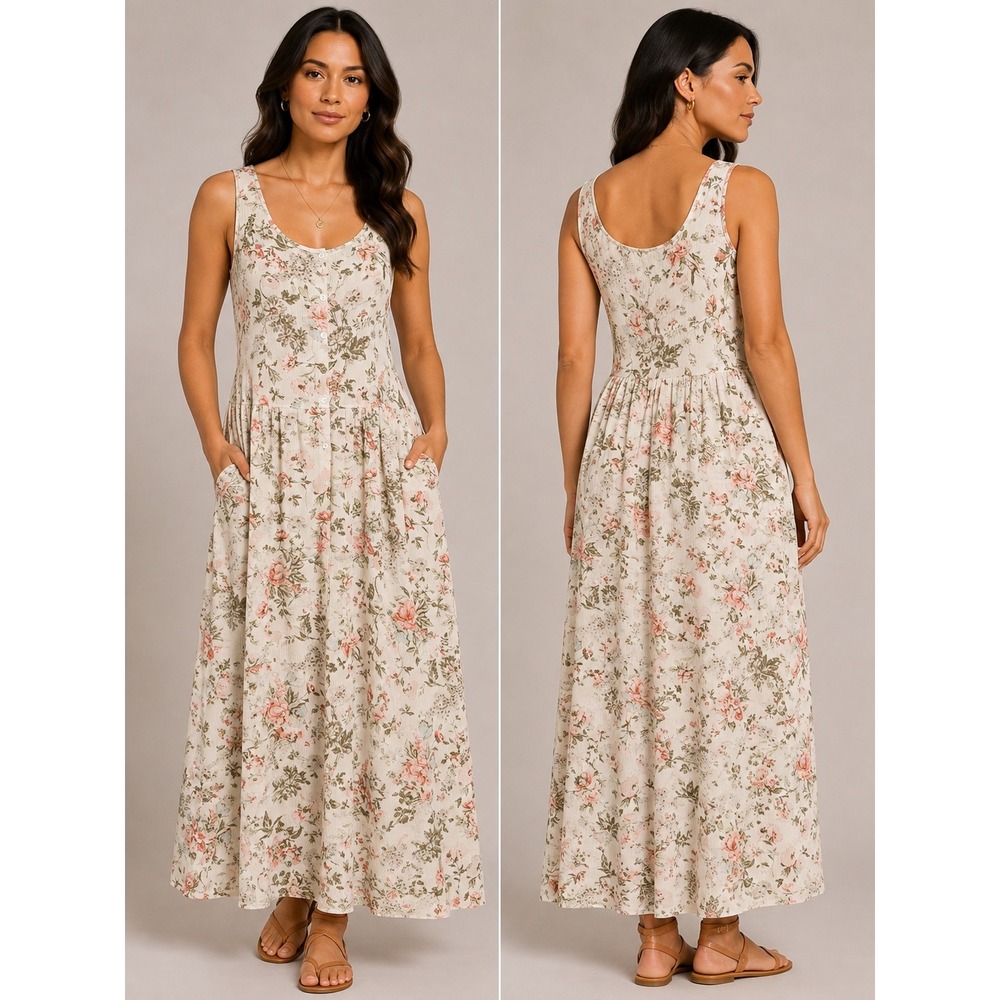 Frye Floral Maxi Dress Women Medium Cottagecore Boho Button Front Crinkle Rayon